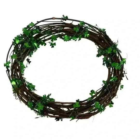 ST. PATRICK’S DAY FOUR LEAF CLOVER GRAPE VINE HOLIDAY WREATH DECORATION - Picture 5 of 6